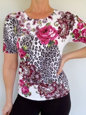Pierri New York pink white floral leopard short sleeve knit sweater top large